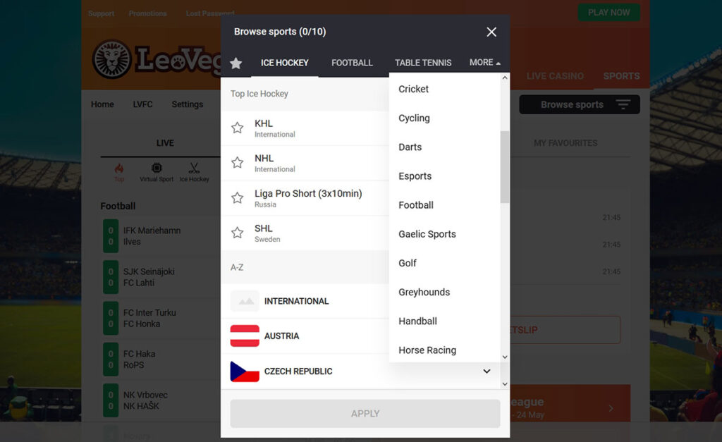 LeoVegas different sports for betting.